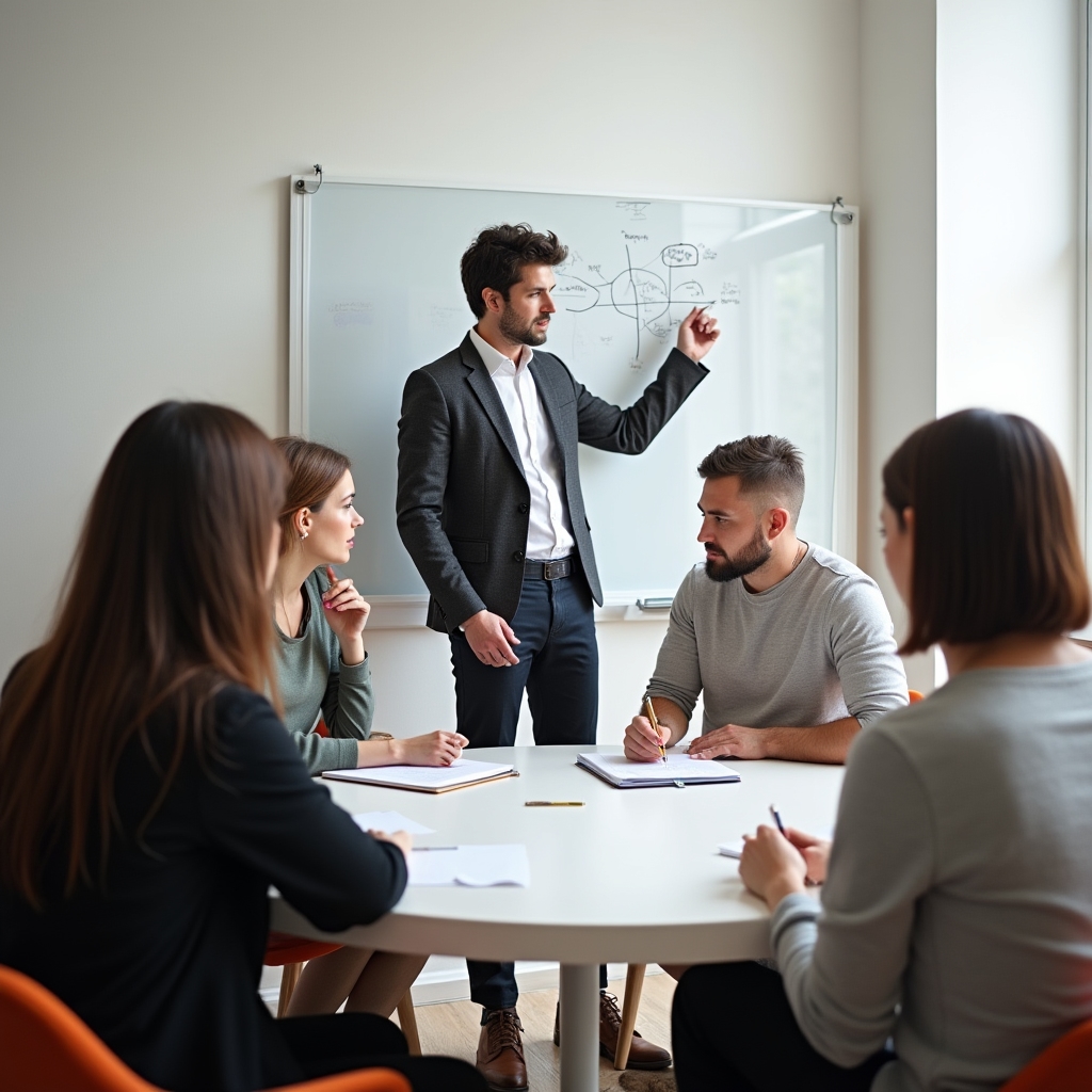 Sesiune de consultanță în grup cu antreprenori tineri și consultant